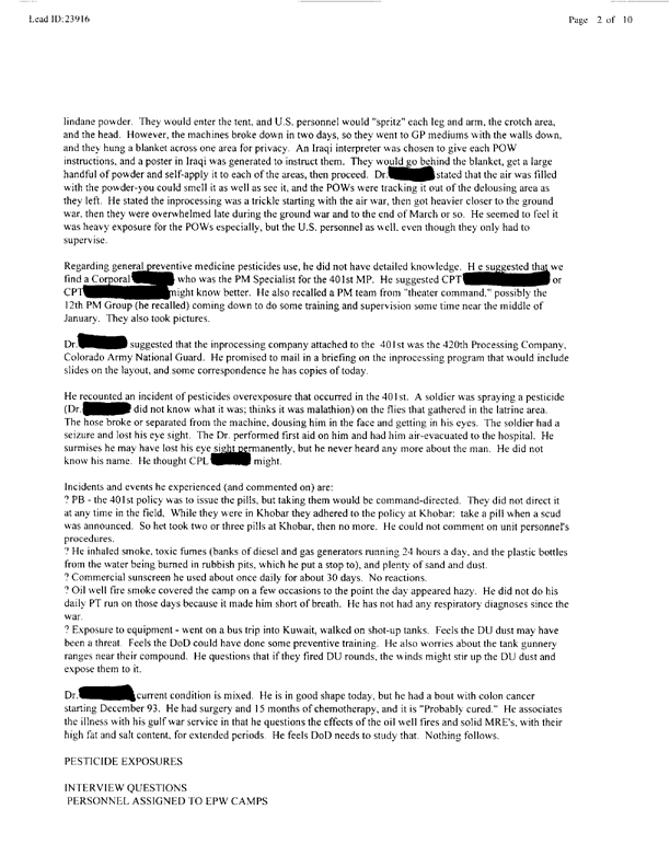   Lead Sheet #23916, Interview with 401st MP Camp medical officer, July 2, 1999.