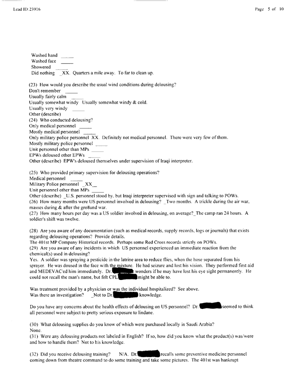   Lead Sheet #23916, Interview with 401st MP Camp medical officer, July 2, 1999.