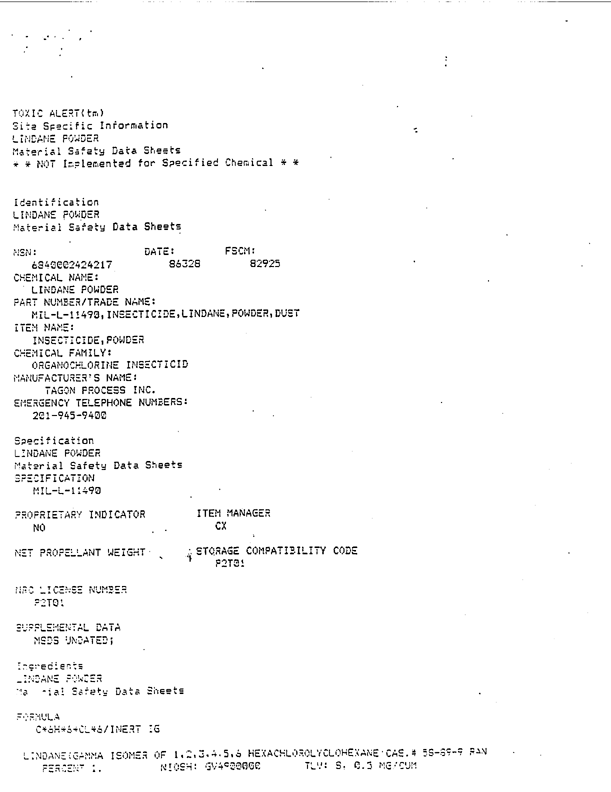   Octagon Process Inc., Product Label for Insecticide, Lindane, Powder, Dusting (contains 1% lindane), Edgewater, New Jersey, March 31, 1986, p. 1.