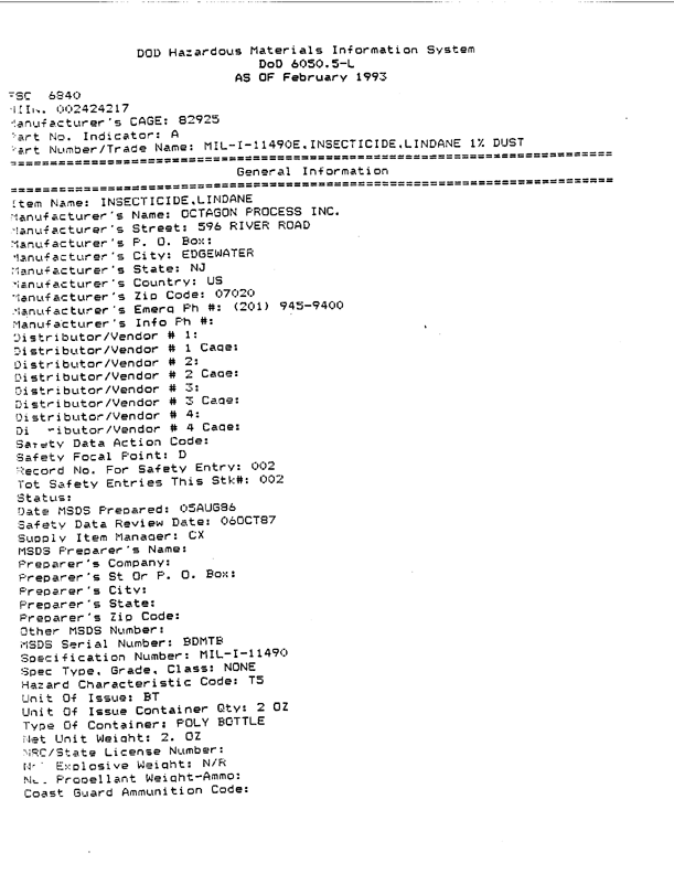   Octagon Process Inc., Product Label for Insecticide, Lindane, Powder, Dusting (contains 1% lindane), Edgewater, New Jersey, March 31, 1986, p. 1.