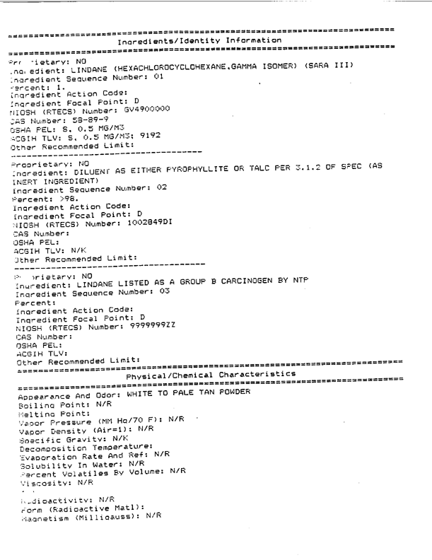   Octagon Process Inc., Product Label for Insecticide, Lindane, Powder, Dusting (contains 1% lindane), Edgewater, New Jersey, March 31, 1986, p. 1.