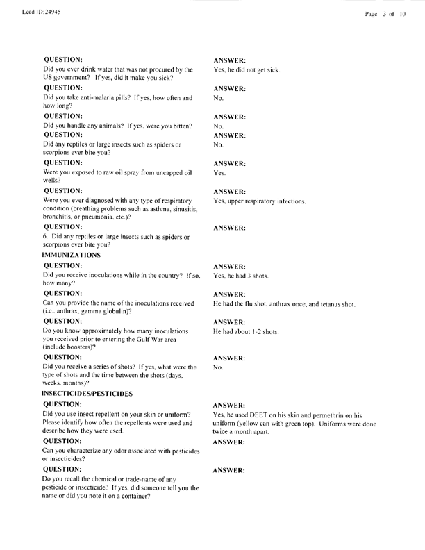   Lead Sheet #24945, Interview with 3rd Marine Air Wing environmental health officer, October 4, 1999.