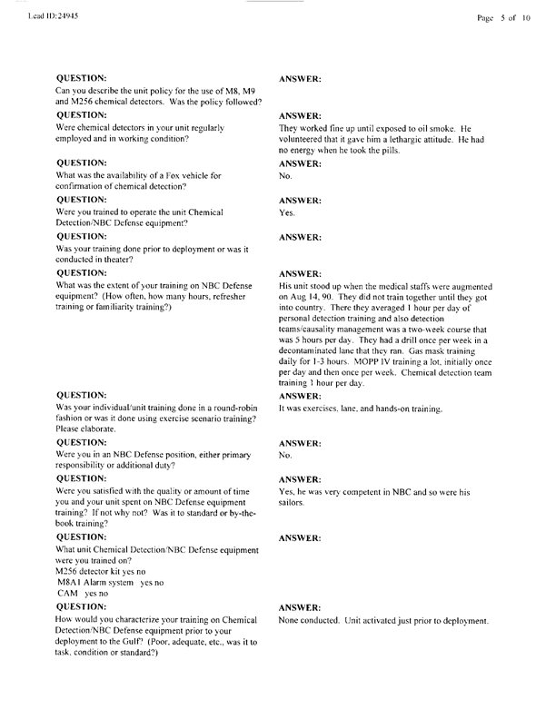   Lead Sheet #24945, Interview with 3rd Marine Air Wing environmental health officer, October 4, 1999.