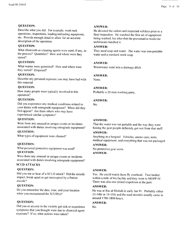   Lead Sheet #24945, Interview with 3rd Marine Air Wing environmental health officer, October 4, 1999.