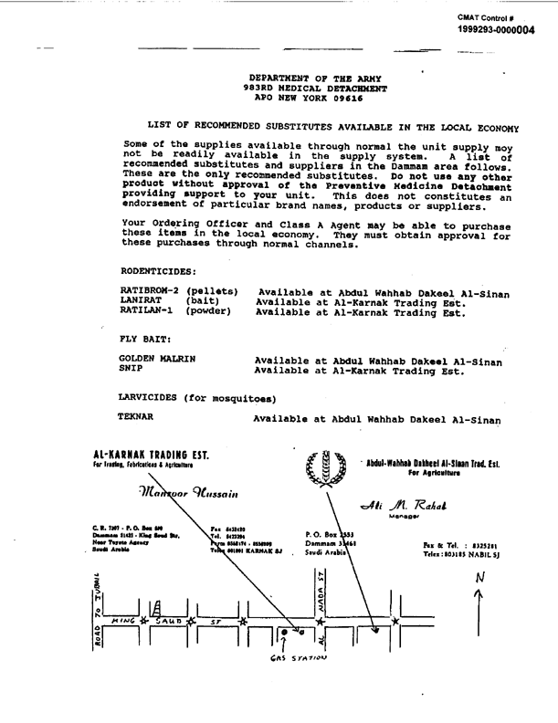 983rd Medical Detachment, information sheet, �List of Recommended Substitutes Available in the Local Economy,� undated, p. 1.