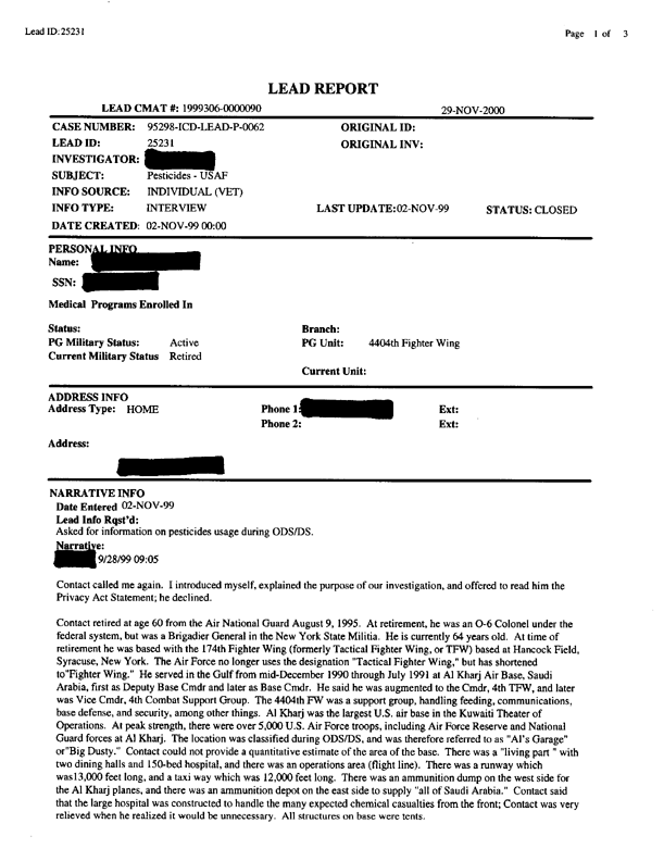 Lead Sheet #25231, Interview of Air Force deputy base commander, September 28, 1999, p. 1.