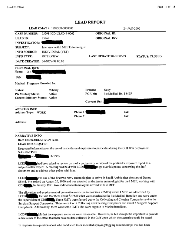 Lead Sheet #25262, Interview with 1st Medical Battalion entomologist, November 4, 1999.