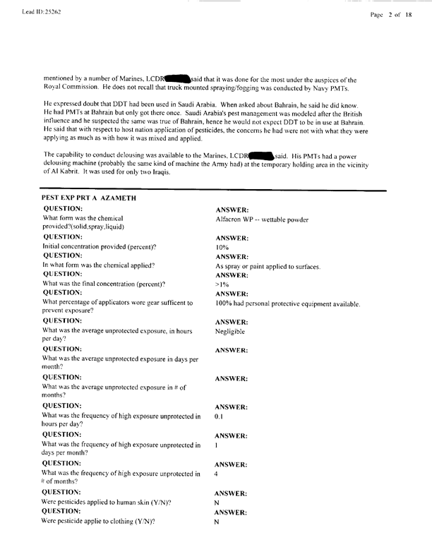 Lead Sheet #25262, Interview with 1st Medical Battalion entomologist, November 4, 1999.