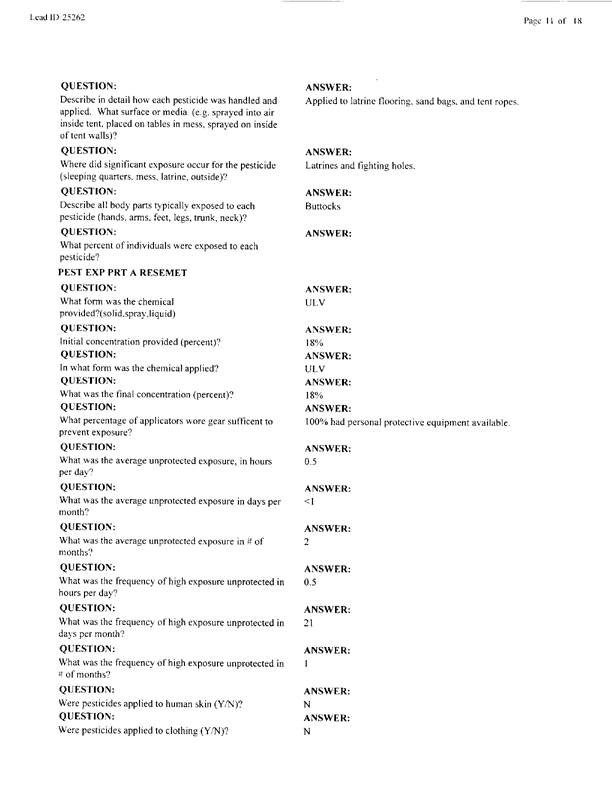Lead Sheet #25262, Interview with 1st Medical Battalion entomologist, November 4, 1999.